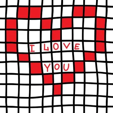Hand drawn Seamless pattern with black grid, red heart and I love you text. T Stock Illustration