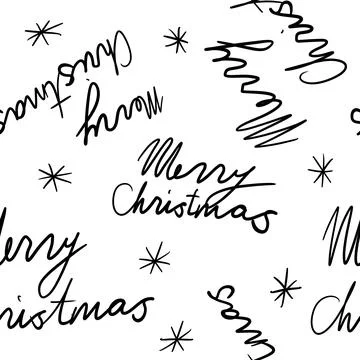 Hand drawn seamless pattern with black white Christmas greetings merry happy Stock Illustration