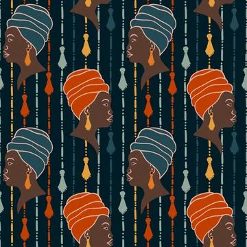 Hand drawn seamless pattern with black african american women with ethnic tassel Stock Illustration