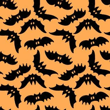 Hand drawn seamless pattern with black Halloween bats on orange background. Fall Stock Illustration