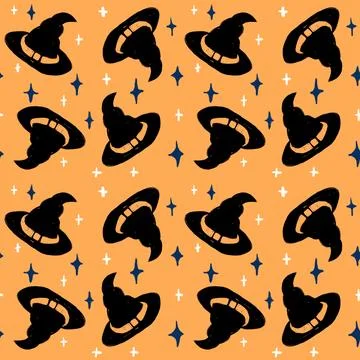Hand drawn seamless pattern with black Halloween witch witchcraft hat on orange Illustrazione stock