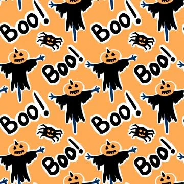 Hand drawn seamless pattern with black Halloween spider scarecrow boo on orange Stock Illustration