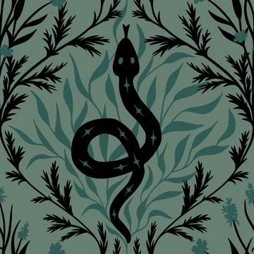 Hand drawn seamless pattern of black snake on sage green background with forest Stock Illustration