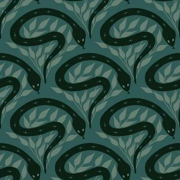 Hand drawn seamless pattern of black snake on sage green background with forest Stock Illustration