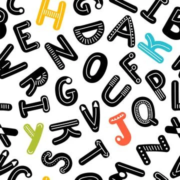 Hand drawn seamless pattern with black and colored letters. Handwritten typ.. Stock Illustration