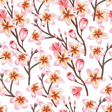 Hand drawn seamless pattern with blooming sakura branches. Stock Illustration