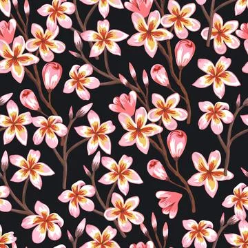 Hand drawn seamless pattern with blooming sakura branches. Illustrazione stock
