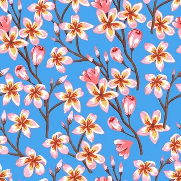 Hand drawn seamless pattern with blooming sakura branches. Stock Illustration