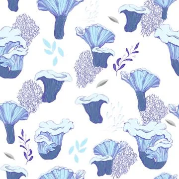 Hand drawn seamless pattern. Blue murshrooms and white floral on a white Stock Illustration
