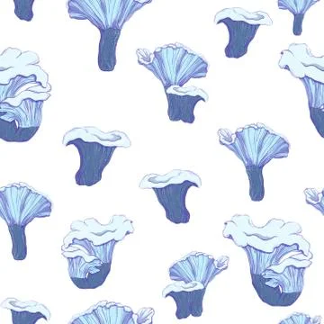 Hand drawn seamless pattern. Blue murshrooms and white floral on a white Stock Illustration