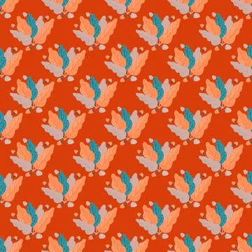Hand drawn seamless pattern with blue leaf shapes. Bright red background. Vin Illustrazione stock