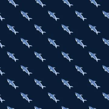 Hand drawn seamless pattern with blue diagonal shark fish shapes. Dark backgr Stock Illustration