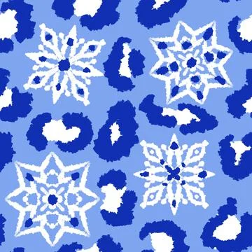 Hand drawn seamless pattern of blue leopard cheetah snow snowflake christmas Stock-Illustration