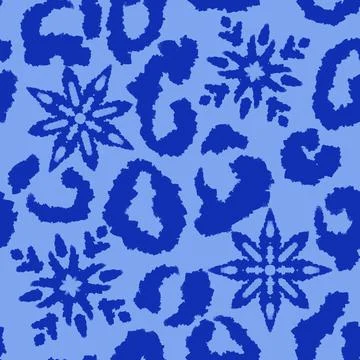 Hand drawn seamless pattern of blue leopard cheetah snow snowflake christmas Stock-Illustration