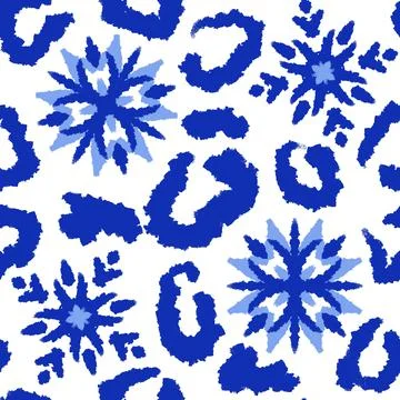 Hand drawn seamless pattern of blue leopard cheetah snow snowflake christmas Stock-Illustration