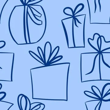 Hand drawn seamless pattern with blue festive gift present box with bow ribbon Stock Illustration