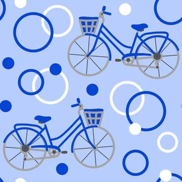 Hand drawn seamless pattern with blue bicycles on circle abstract geometric Stock Illustration