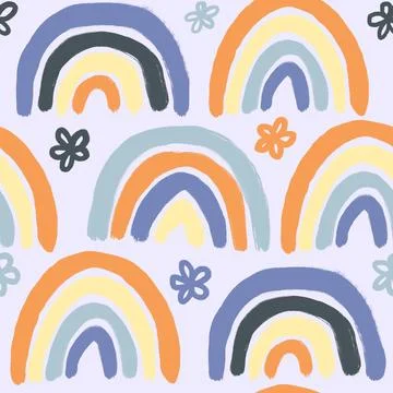 Hand drawn seamless pattern with blue orange yellow rainbows and floral flowers Stock Illustration