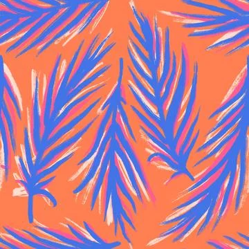 Hand drawn seamless pattern with blue palm leaves monstera leaf, orange girl Stock Illustration