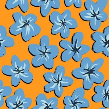 Hand drawn seamless pattern with blue orange flower floral elements, ditsy Stock Illustration