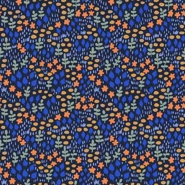 Hand drawn seamless pattern with blue orange flower floral elements, ditsy 스톡 일러스트
