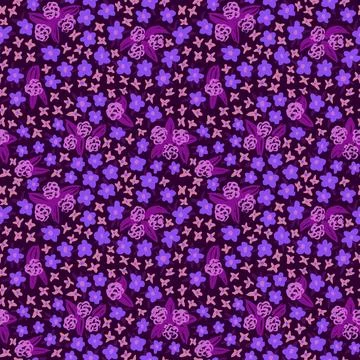 Hand drawn seamless pattern with blue dark purple flower floral elements, ditsy Stock Illustration