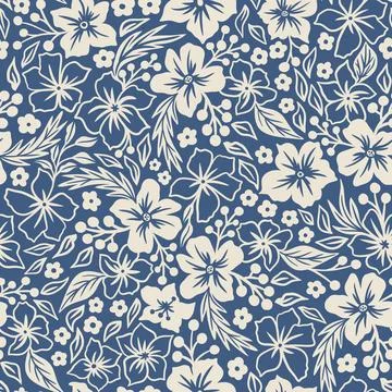 Hand drawn seamless pattern with blue white flowers berries leaves in Stock Illustration