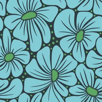 Hand drawn seamless pattern with blue turquoise daisy flowers on beige Stock Illustration