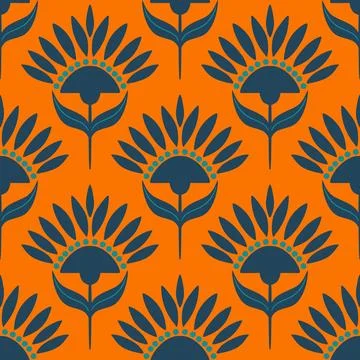 Hand drawn seamless pattern with blue scandi scandinavian flowers on bright Stock Illustration