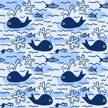 Hand drawn seamless pattern with blue whales waves sea ocea. Cute funny print 스톡 일러스트