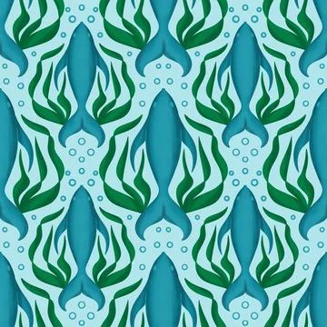 Hand drawn seamless pattern with blue fish green seaweed algae. Elegant イラスト素材