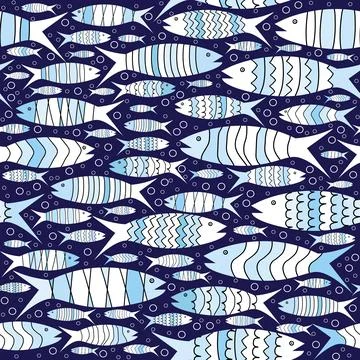 Hand drawn seamless pattern with blue stylized fish Stock Illustration