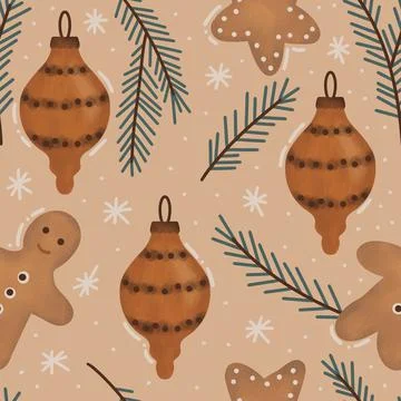 Hand drawn seamless pattern in boho style beige green neutral with christmas Stock Illustration