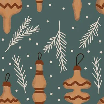 Hand drawn seamless pattern in boho style beige green neutral with christmas Stock Illustration