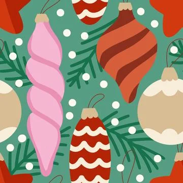 Hand drawn seamless pattern in boho style beige green neutral with christmas Stock Illustration