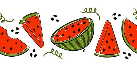 Hand drawn seamless pattern, border design fresh watermelons and slices with Stock Illustration