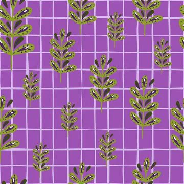 Hand drawn seamless pattern with botanic leaf branches ornament. Purple chequ Illustrazione stock
