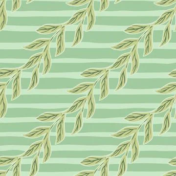 Hand drawn seamless pattern with botanic branches leaves ornament. Light gree Illustrazione stock
