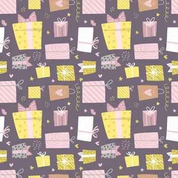 Hand drawn seamless pattern with box and confetti, hearts. Party presents a Stock Illustration