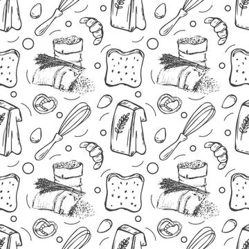 Hand drawn seamless pattern of bread and bakery products. Baked goods backgro 스톡 일러스트