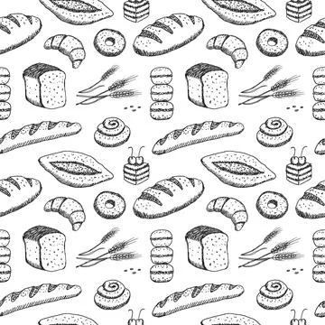 Hand drawn seamless pattern of bread and bakery products. Baked goods background Illustrazione stock