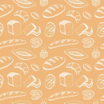 Hand drawn seamless pattern of bread and bakery products. Baked goods background Illustrazione stock