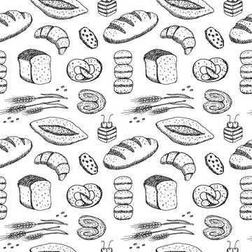 Hand drawn seamless pattern of bread and bakery products. Baked goods background Illustrazione stock