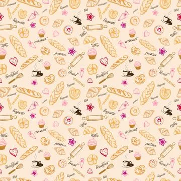 Hand drawn, seamless pattern, bread, bakery product 스톡 일러스트