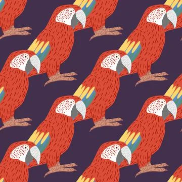 Hand drawn seamless pattern with bright realistic red ara parrot print design Stock Illustration