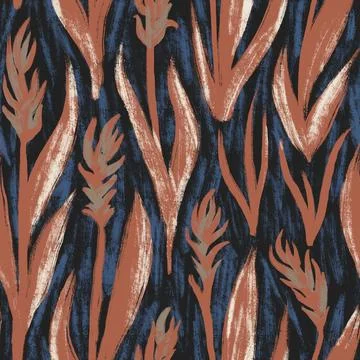 Hand drawn seamless pattern with brown beige grass leaves plants on dark blue Stock Illustration