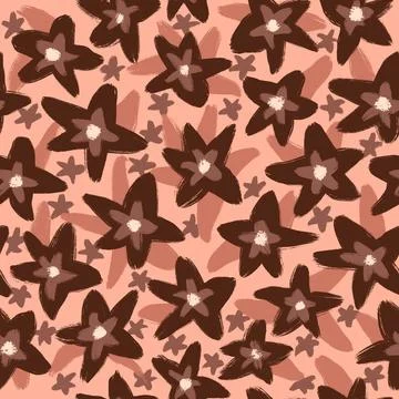 Hand drawn seamless pattern with brown beige daisy flowers on tan background Stock Illustration