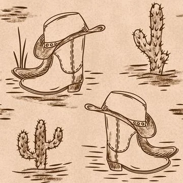 Hand drawn seamless pattern with brown cowboy boots, western toile neutral Stock Illustration