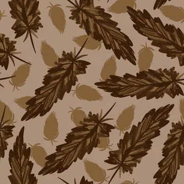 Hand drawn seamless pattern with brown boho bird feathers on beige backhround Illustrazione stock