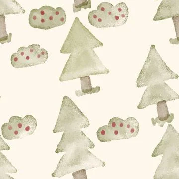 Hand drawn seamless pattern with bushes and fir trees. Stock Illustration